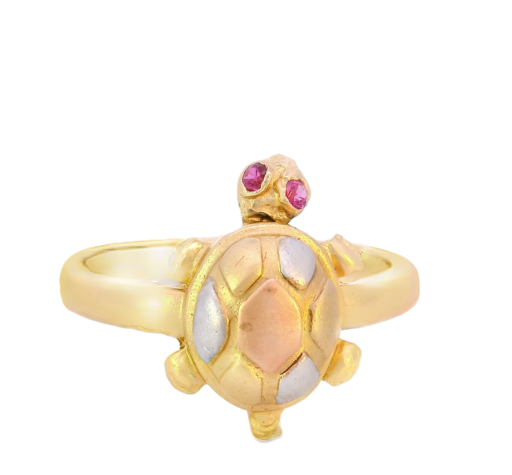 14K Real Gold Two Tone Turtle with Red Stone (eye) Ring for Women