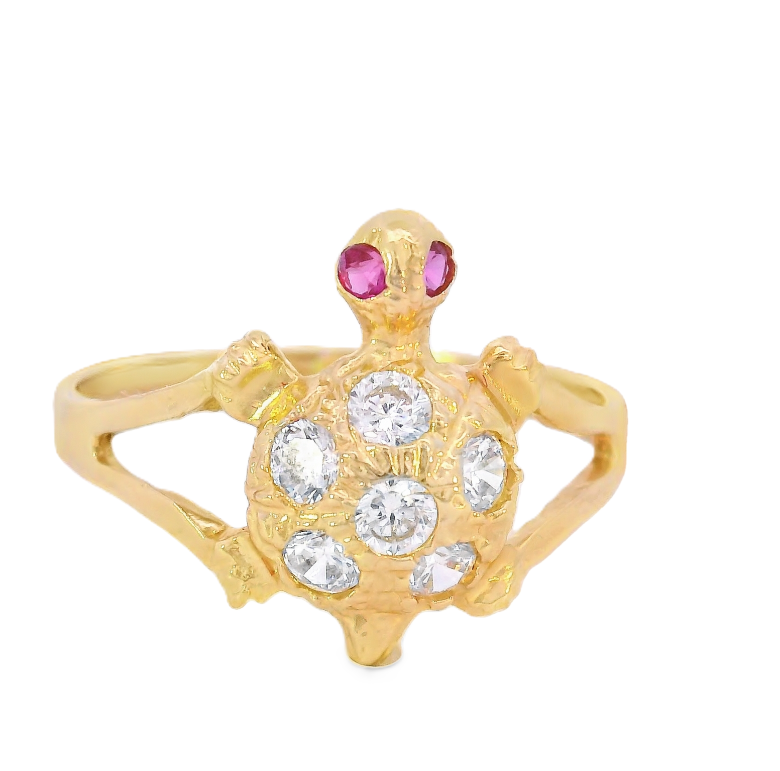 14K Solid Gold Red Eyed CZ Turtle Lucky Ring