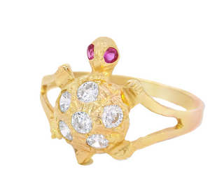 14K Solid Gold Red Eyed CZ Turtle Lucky Ring