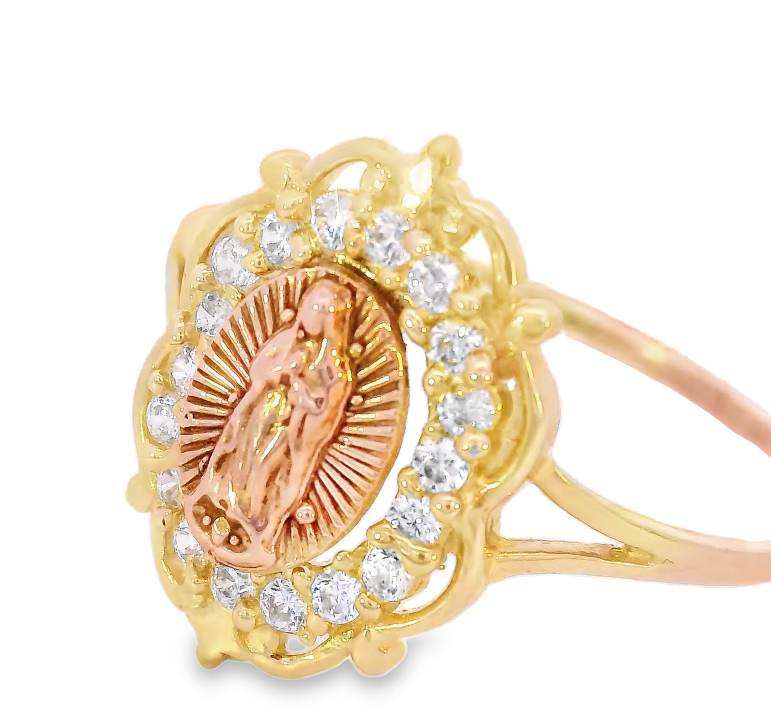 14K Real Gold Tri Color Mother Mary CZ Ring