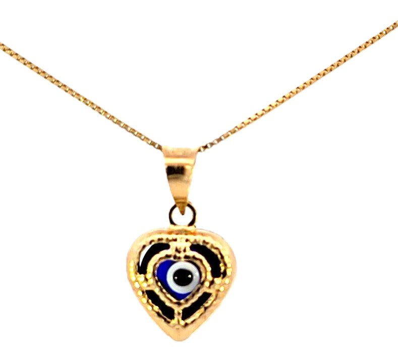 14K Real Gold Blue & Red Evil Eye Heart Good Luck Small Charm with Box Chain