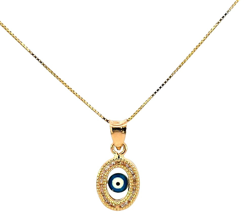 14K Real Gold Blue Evil Eye Oval CZ Small Charm with Box Chain