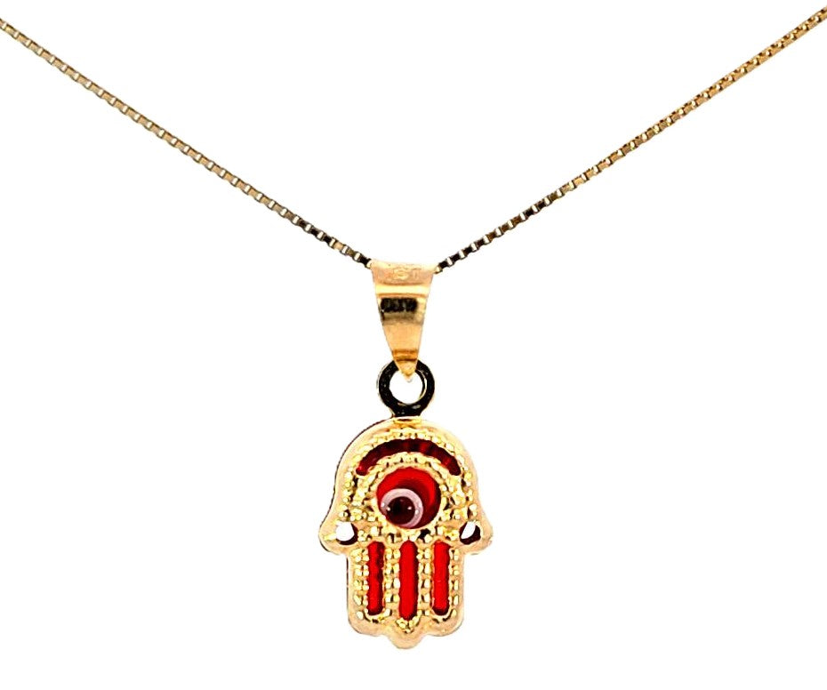 14K Real Gold Dark Blue & Red Evil Eye Hamsa Small Charm with Box Chain