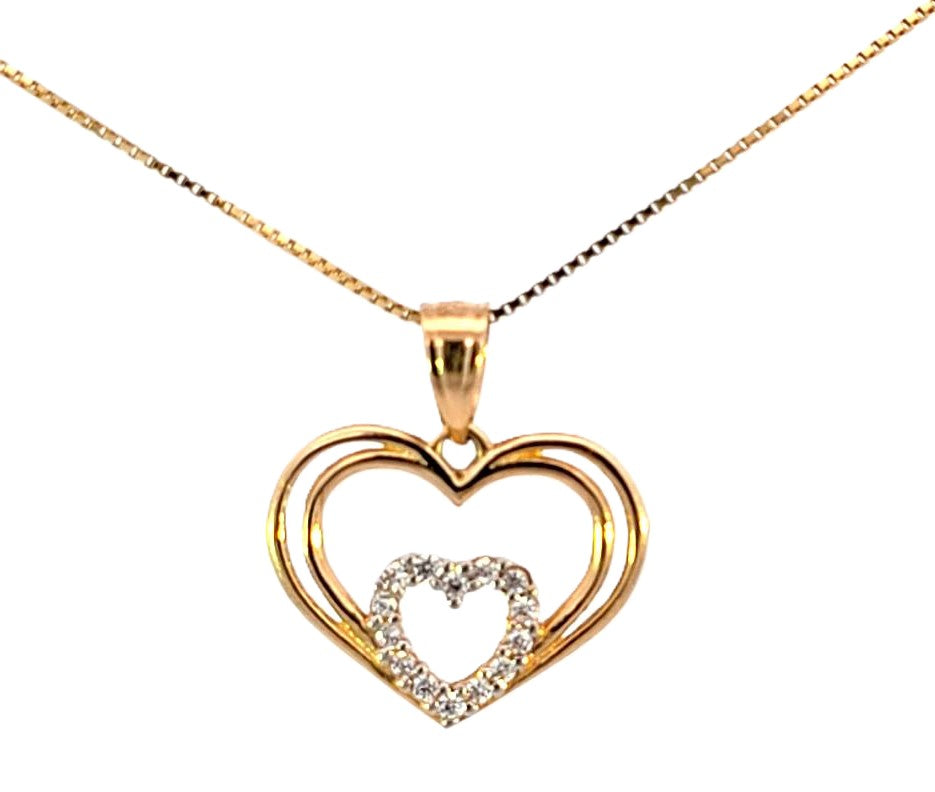 14K Real Gold Double Heart CZ Charm with Box Chain