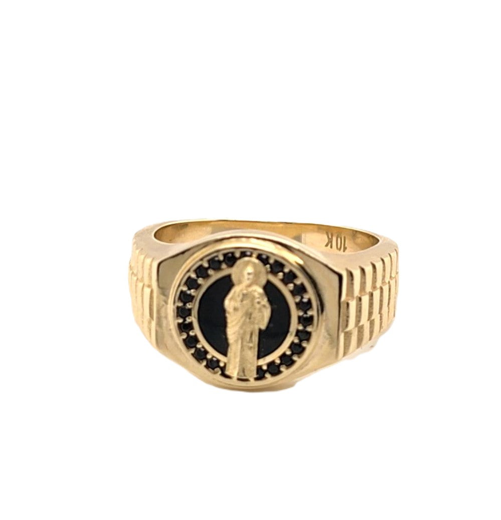 10K Real Gold Black Onyx Saint Jude CZ Ring for Men