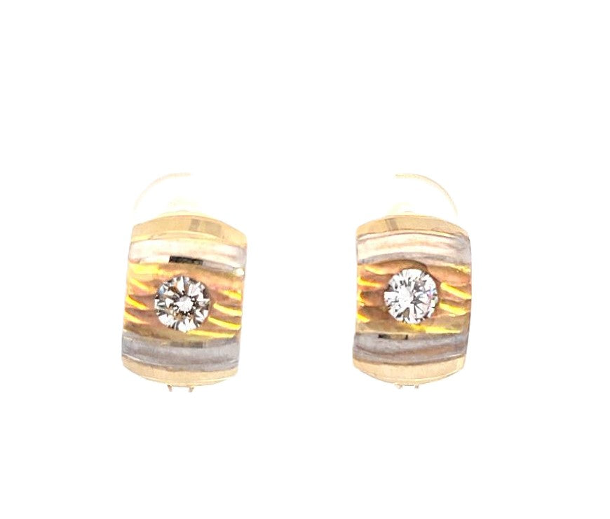 10K Real Gold Tri Color Fancy CZ Huggie Hoop Earrings