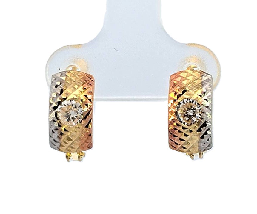 10K Real Gold Tri Color Diamond Cut Fancy CZ Huggie Hoop Earrings