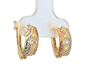 10K Real Gold Tri Color Diamond Cut Fancy CZ Huggie Hoop Earrings