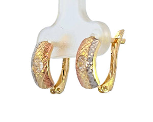 10K Real Gold Tri Color Diamond Cut Fancy CZ Huggie Hoop Earrings