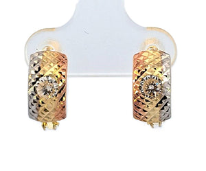 10K Real Gold Tri Color Diamond Cut Fancy CZ Huggie Hoop Earrings