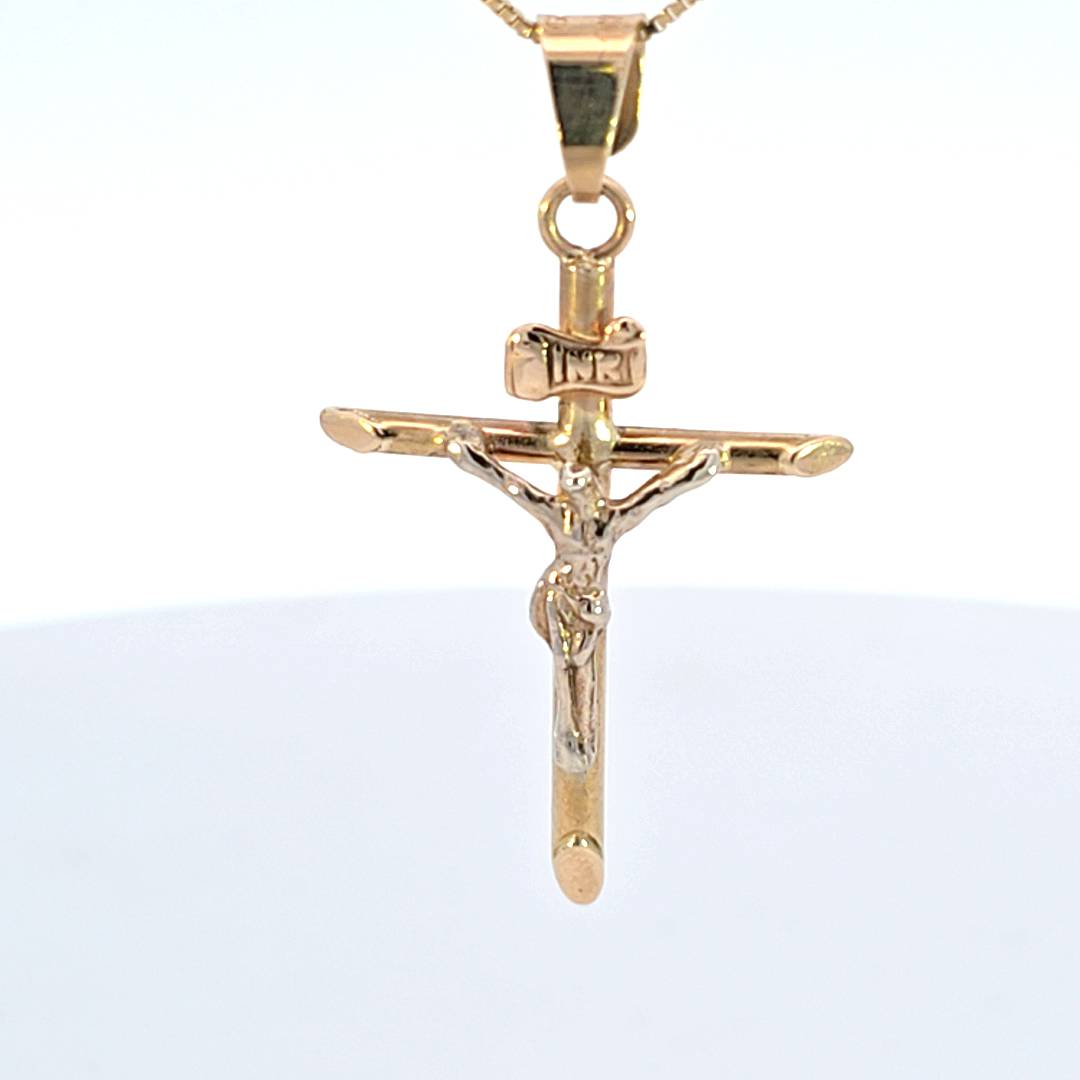 14K Real Gold "INRI" Jesus Tube Small Cross Charm with Box Chain