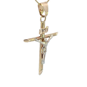 14K Real Gold "INRI" Jesus Tube Small Cross Charm with Box Chain