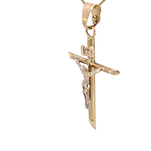 14K Real Gold "INRI" Jesus Tube Small Cross Charm with Box Chain