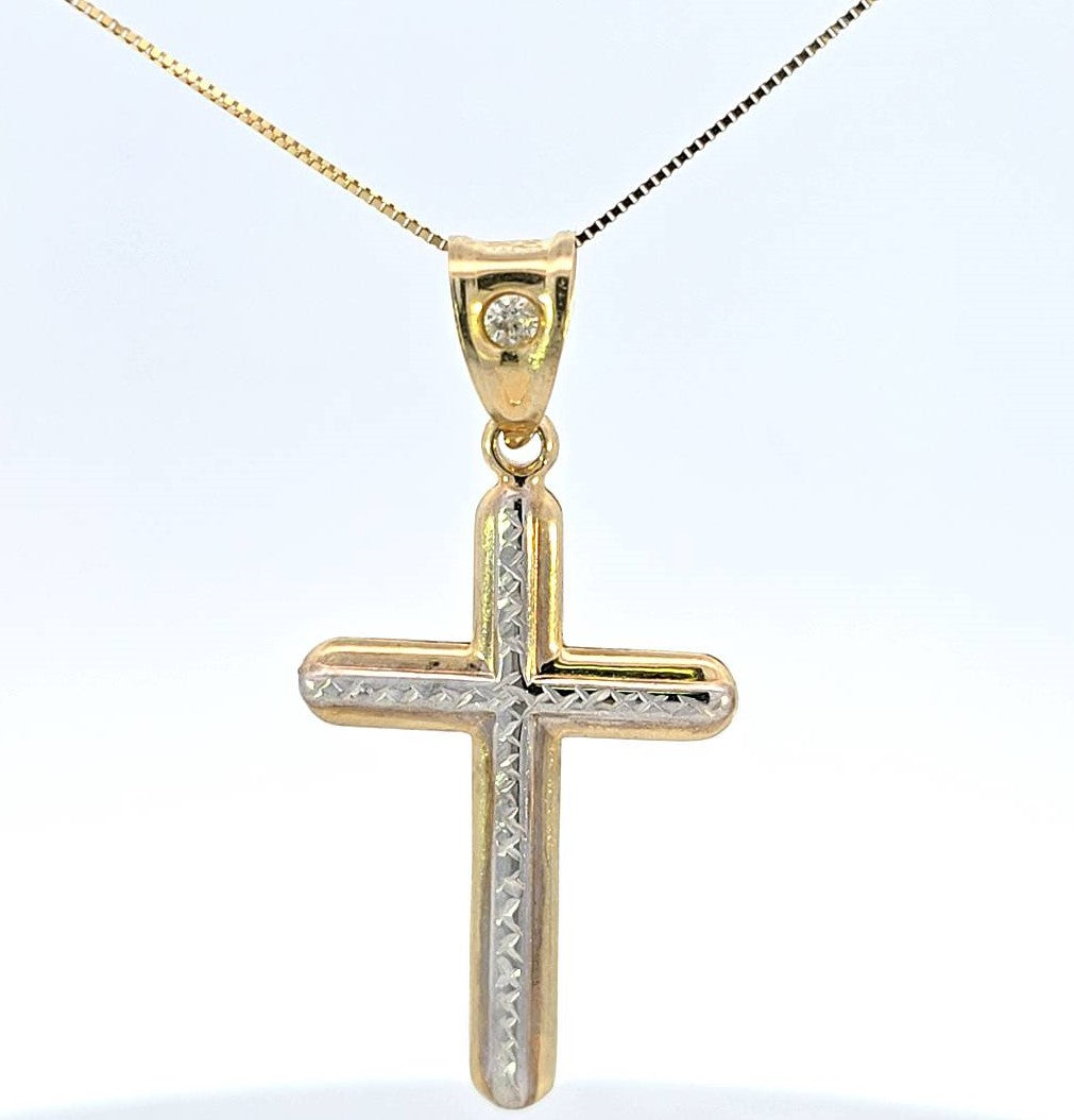 10K Real Gold Two Tone CZ Reversible Cross Charm with Box Chain