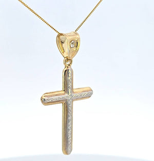 10K Real Gold Two Tone CZ Reversible Cross Charm with Box Chain