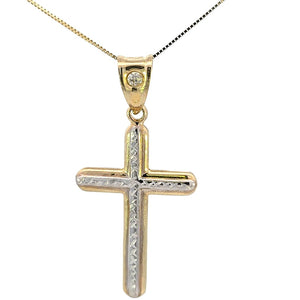 10K Real Gold Two Tone CZ Reversible Cross Charm with Box Chain