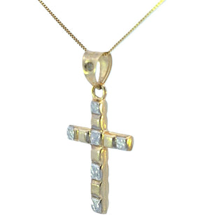 10K Real Gold Cross Textured Two-Tone Charm with Box Chain