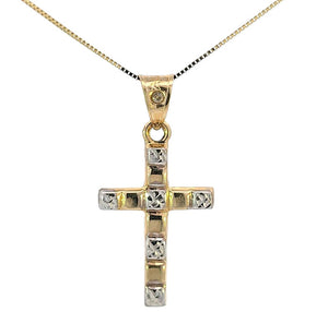 10K Real Gold Cross Textured Two-Tone Charm with Box Chain