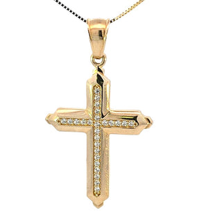 10K Real Gold Two Tone Reversible Greek Design CZ Cross Charm with Box Chain