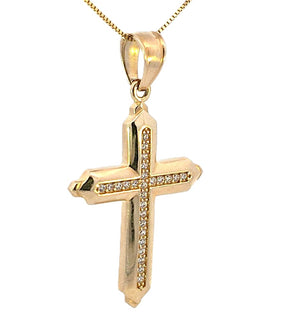 10K Real Gold Two Tone Reversible Greek Design CZ Cross Charm with Box Chain