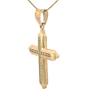 10K Real Gold Two Tone Reversible Greek Design CZ Cross Charm with Box Chain