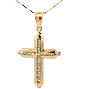 10K Real Gold Two Tone Reversible Greek Design CZ Cross Charm with Box Chain