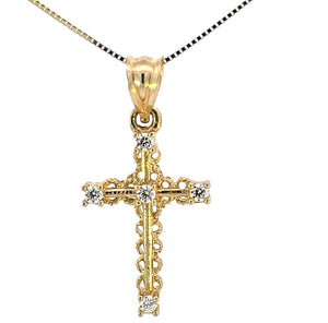 10K Real Gold Filigree CZ Small Cross Charm with Box Chain