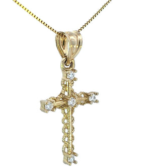 10K Real Gold Filigree CZ Small Cross Charm with Box Chain