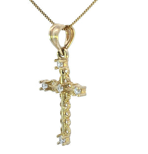 10K Real Gold Filigree CZ Small Cross Charm with Box Chain