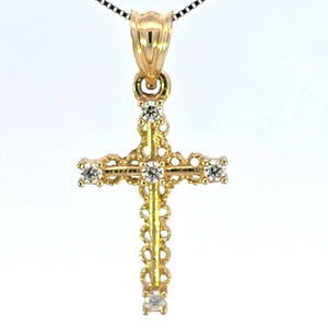 10K Real Gold Filigree CZ Small Cross Charm with Box Chain