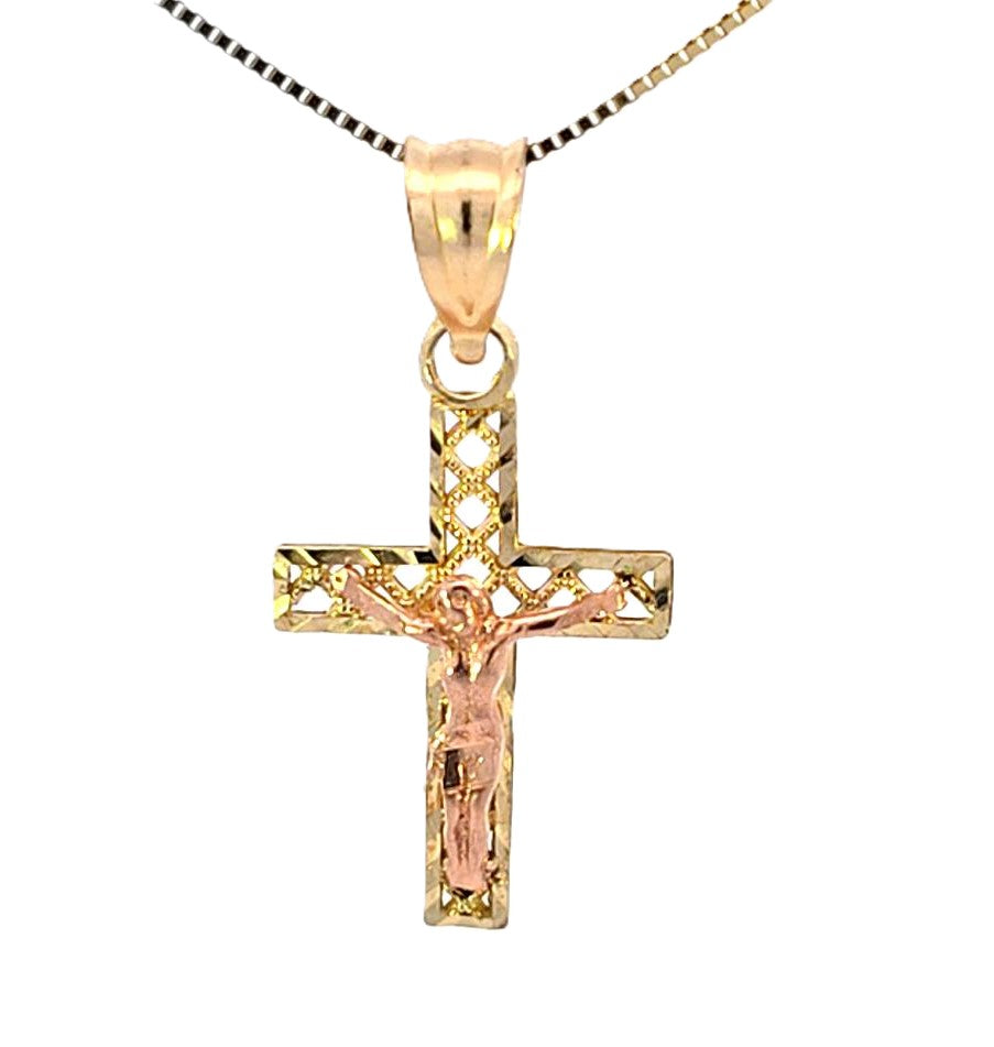 10K Real Gold Two Tone Crucifix Jesus Cross Small Charm with Box Chain