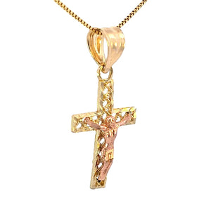 10K Real Gold Two Tone Crucifix Jesus Cross Small Charm with Box Chain