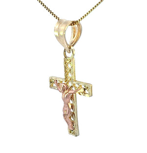 10K Real Gold Two Tone Crucifix Jesus Cross Small Charm with Box Chain