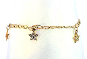 10K Real Gold CZ Star Charm Bracelet 7.5 Inch for Women