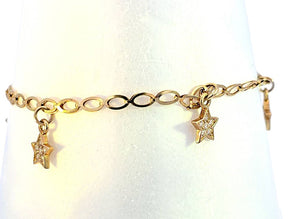 10K Real Gold CZ Star Charm Bracelet 7.5 Inch for Women