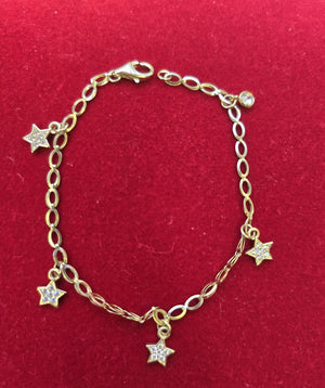 10K Real Gold CZ Star Charm Bracelet 7.5 Inch for Women