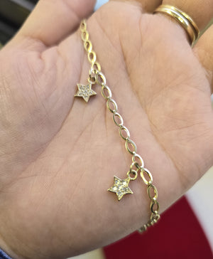 10K Real Gold CZ Star Charm Bracelet 7.5 Inch for Women