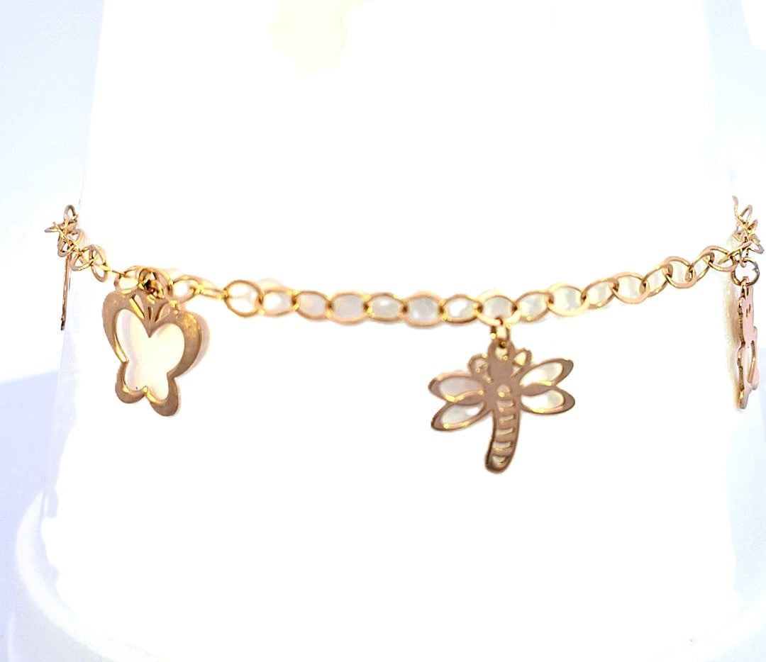 10K Real Gold Assorted Charm (Doplhin, Cat, Butterfly, Teddy Bear) Bracelet 9"