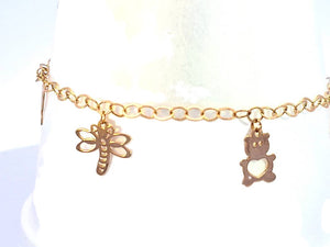 10K Real Gold Assorted Charm (Doplhin, Cat, Butterfly, Teddy Bear) Bracelet 9"