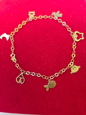 10K Real Gold Assorted Charm (Doplhin, Cat, Butterfly, Teddy Bear) Bracelet 9"