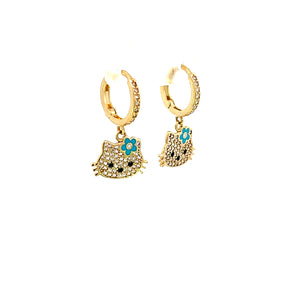 10K Real Gold Key Style Blue Cat Face Set/ Charm/ Earrings