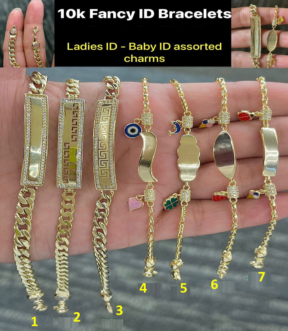 10K Real Gold Fancy ID Bracelet with CZ & Assorted Charms