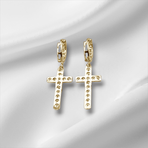 10K Real Gold CZ Jesus Cross Hoop Dangle Earrings