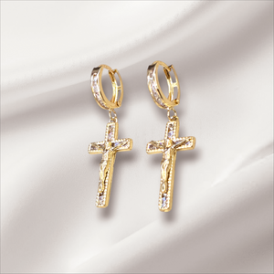 10K Real Gold CZ Jesus Cross Hoop Dangle Earrings