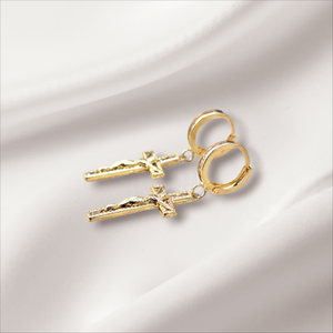 10K Real Gold CZ Jesus Cross Hoop Dangle Earrings