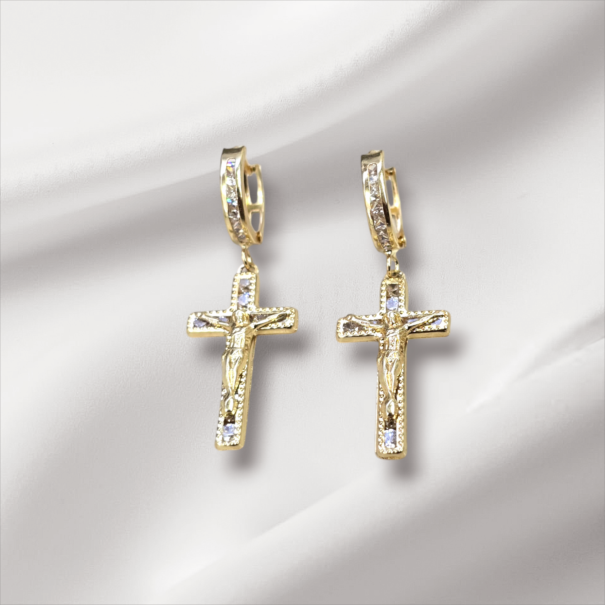 10K Real Gold CZ Jesus Cross Hoop Dangle Earrings