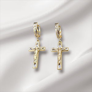 10K Real Gold CZ Jesus Cross Hoop Dangle Earrings