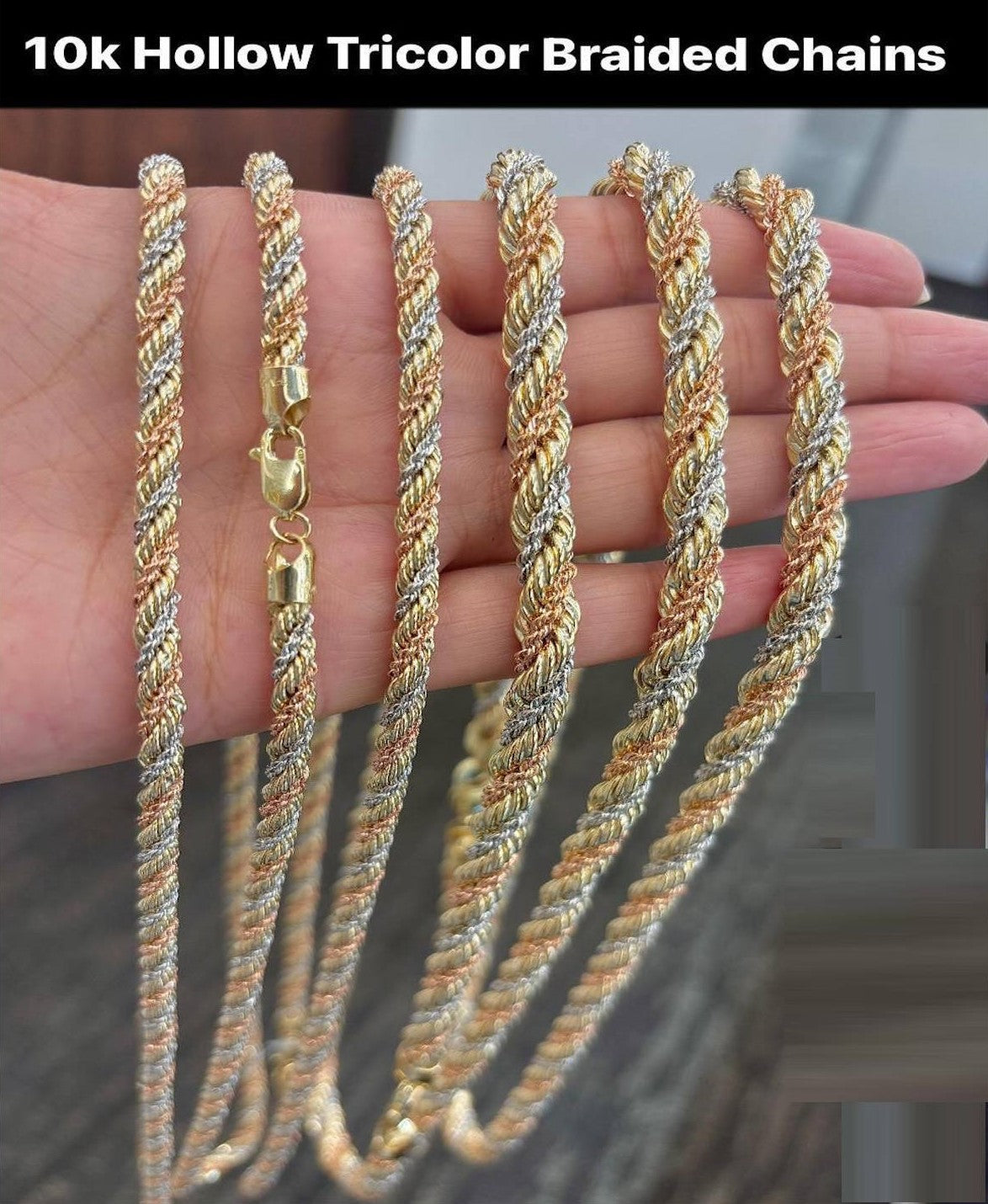 Real Gold 10K Hollow Tricolor Braided Chain