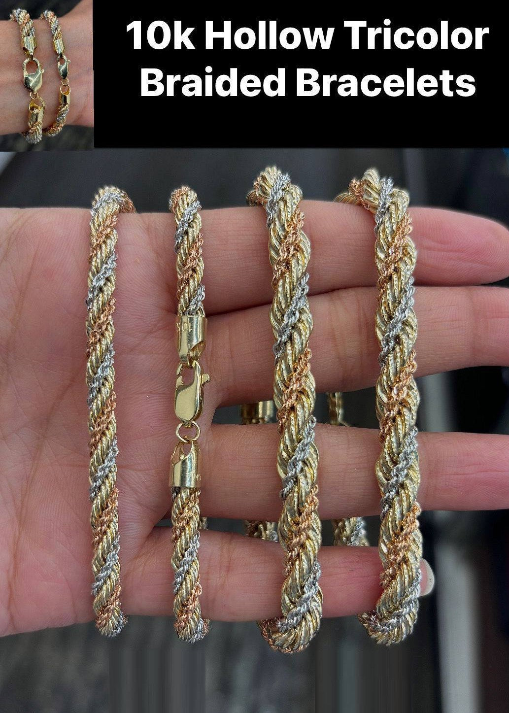 Real Gold 10K Hollow Tricolor Braided Bracelet