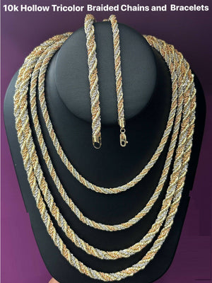 Real Gold 10K Hollow Tricolor Braided Chain